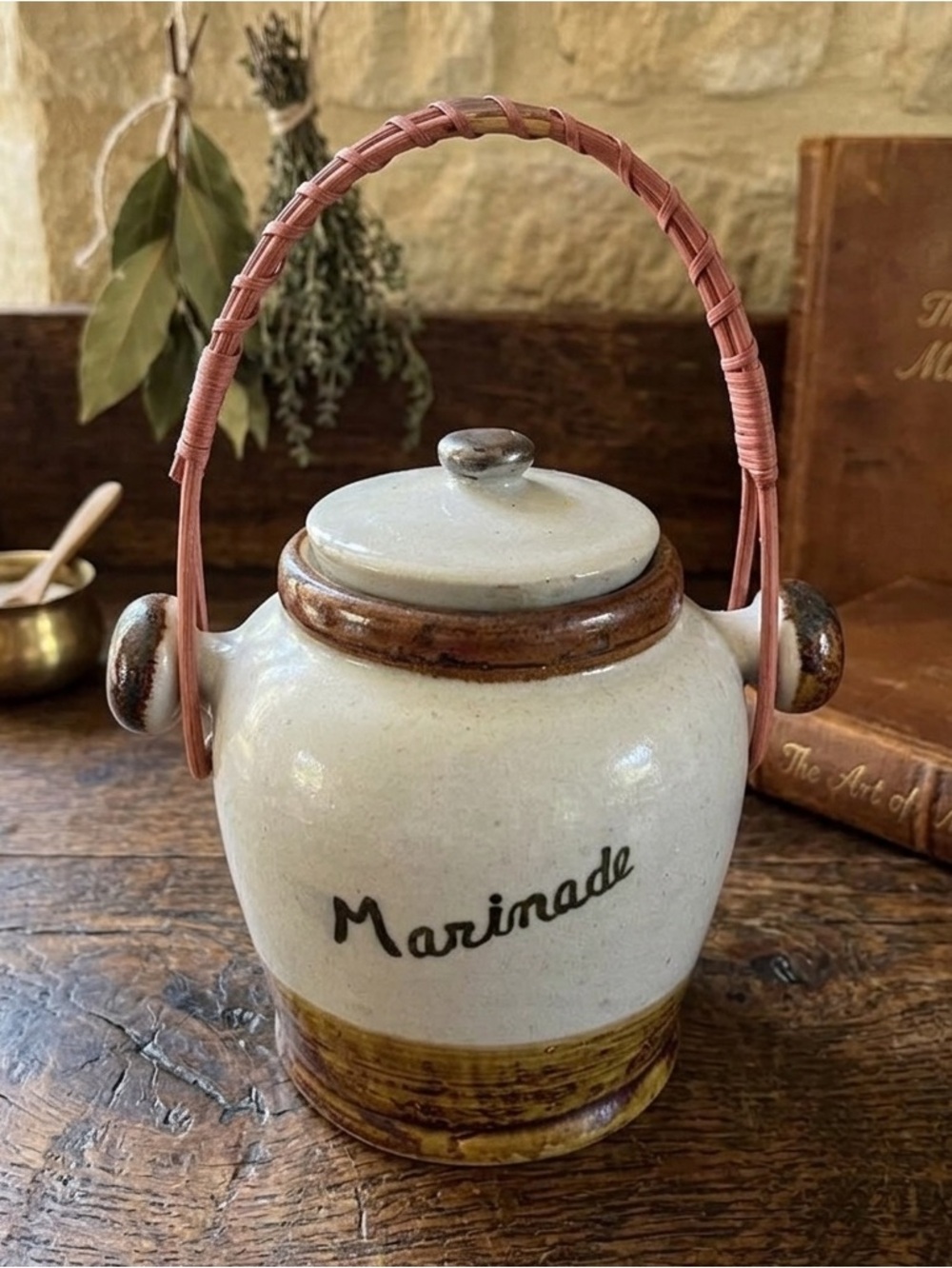 Vintage Ceramic Marinade Pot with Bamboo Handle